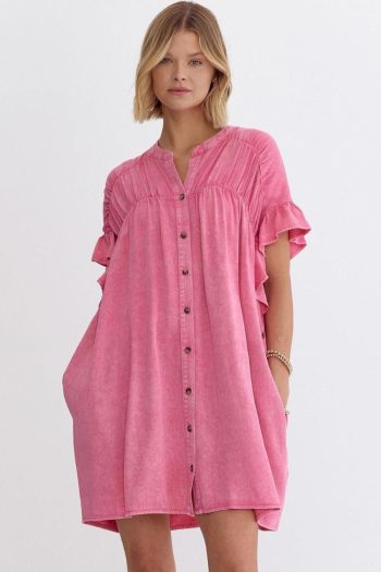 Pink Washed Ruffle Short Sleeve Ruched Denim Mini Dress | Women Short Dresses