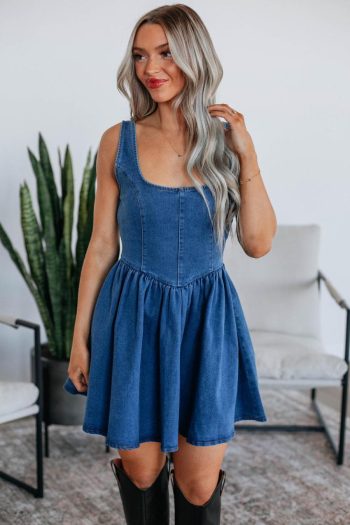Sail Blue Bowknot A-Line Sleeveless Denim Dress | Women Short Dresses